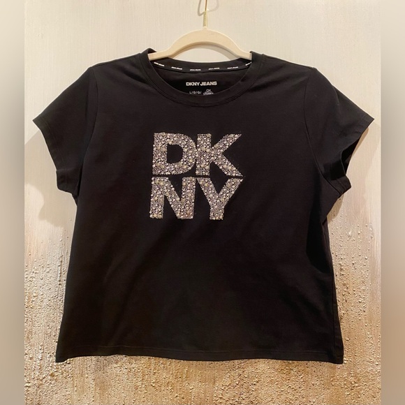 DKNY Y2K Silver Tone Glittering Bedazzled DKNY Logo Black Tee - Size L - Picture 4 of 8